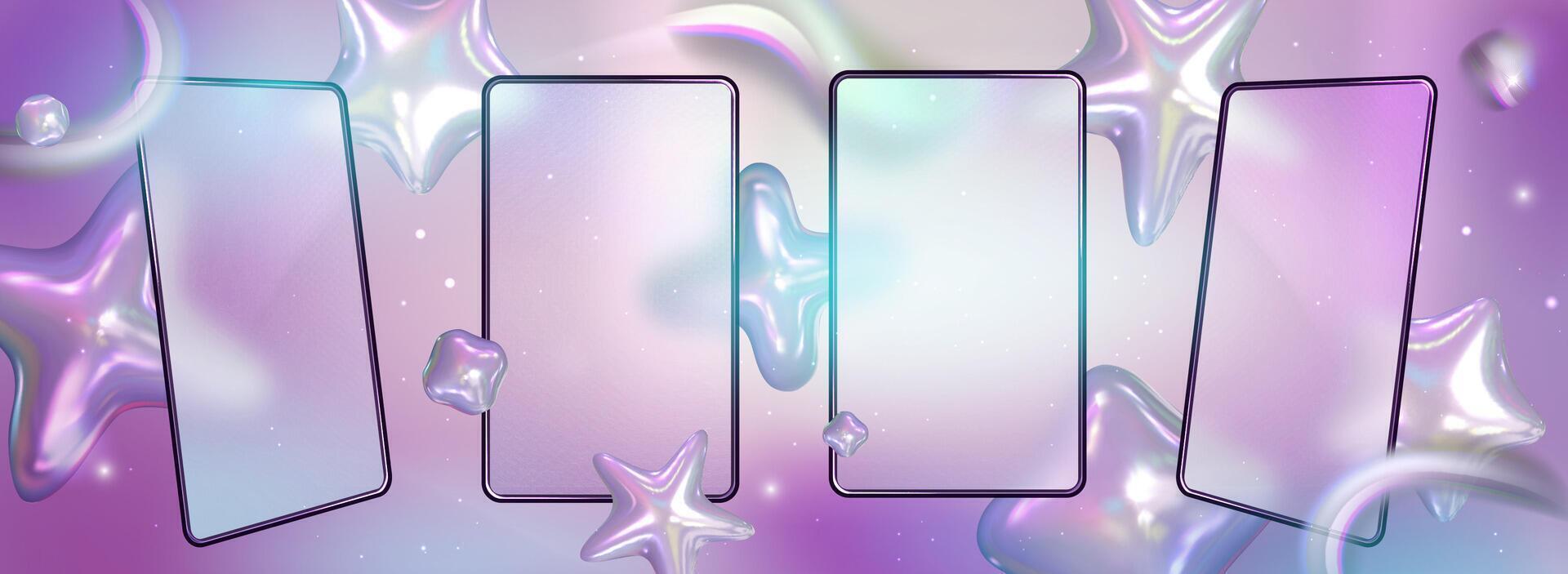 Purple pastel tablet and phone design. Glassmorphism screen smartphone. Transparent matt glass plates on the background 3d set holographic stars . Cyber Design in y2k style and 90s design vector
