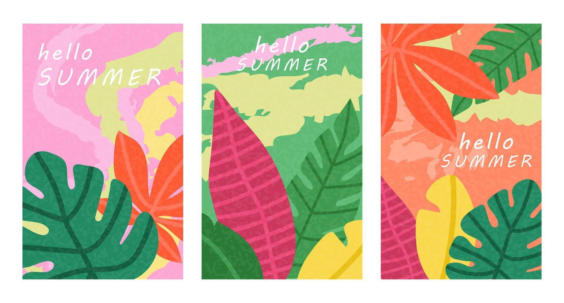 Hello summer. Summer poster, cover with tropical bright leaves on abstract background. vector