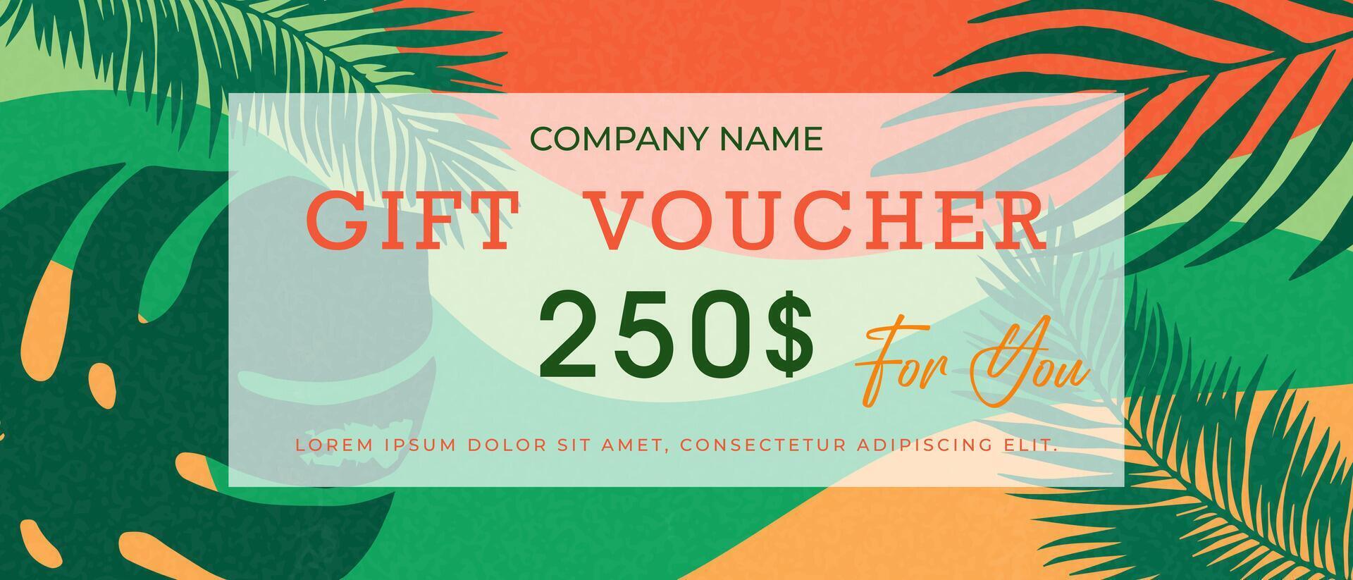 Summer gift voucher template with tropical leaves. vector