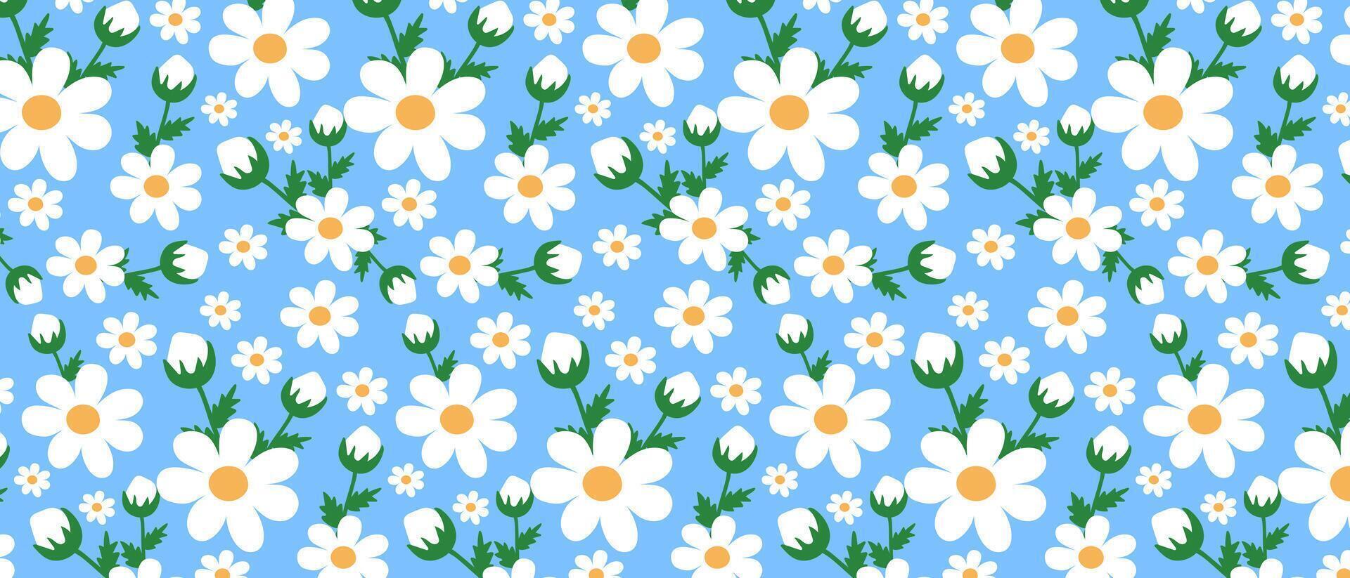 Colorful floral seamless pattern with daisies on a soft blue background. vector