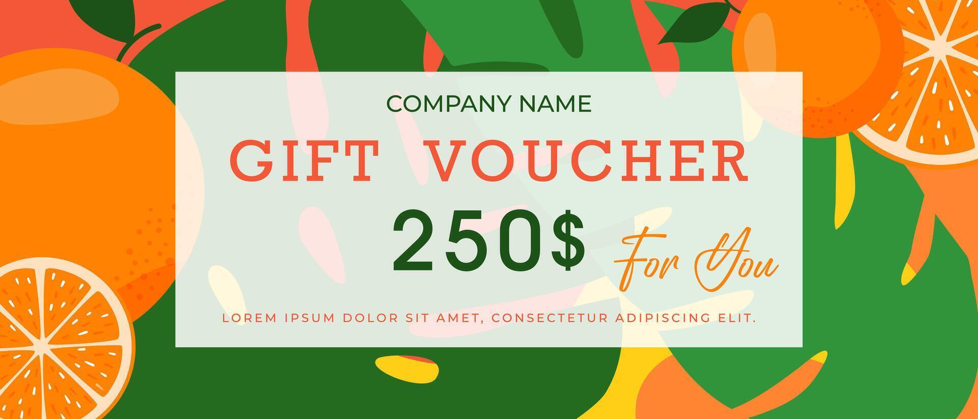 Summer gift voucher template with oranges and tropical leaves. vector
