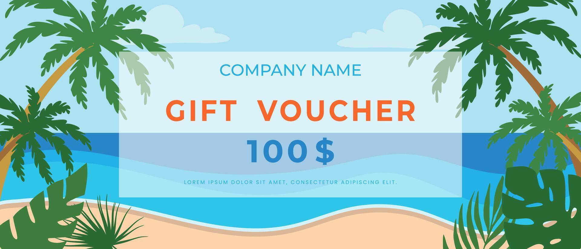 Summer gift voucher template with tropical palm trees and sea. vector