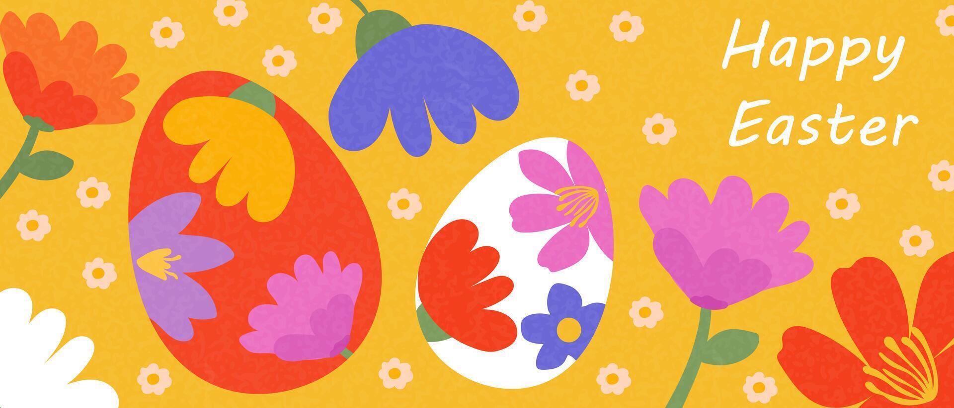 Happy Easter. Modern minimalist banner with flowers and Easter eggs vector