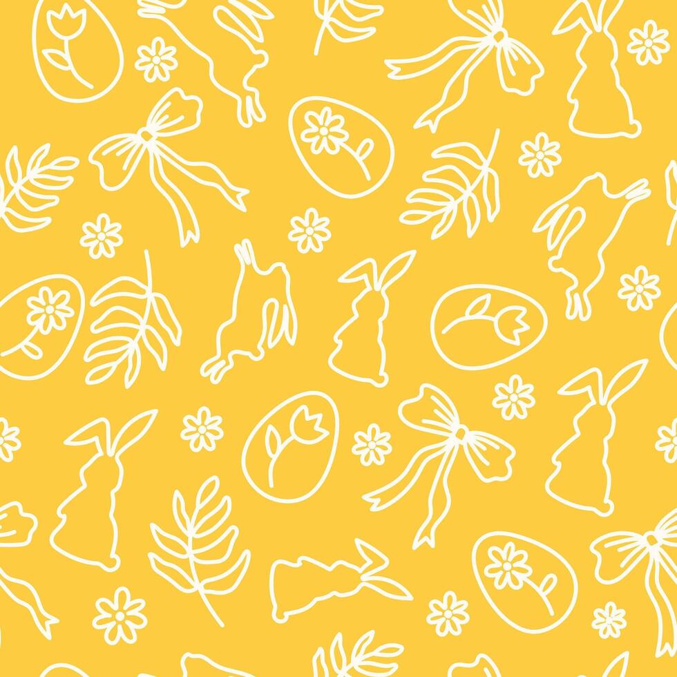 Seamless Easter pattern in doodle style with eggs, bunnies and bows. vector
