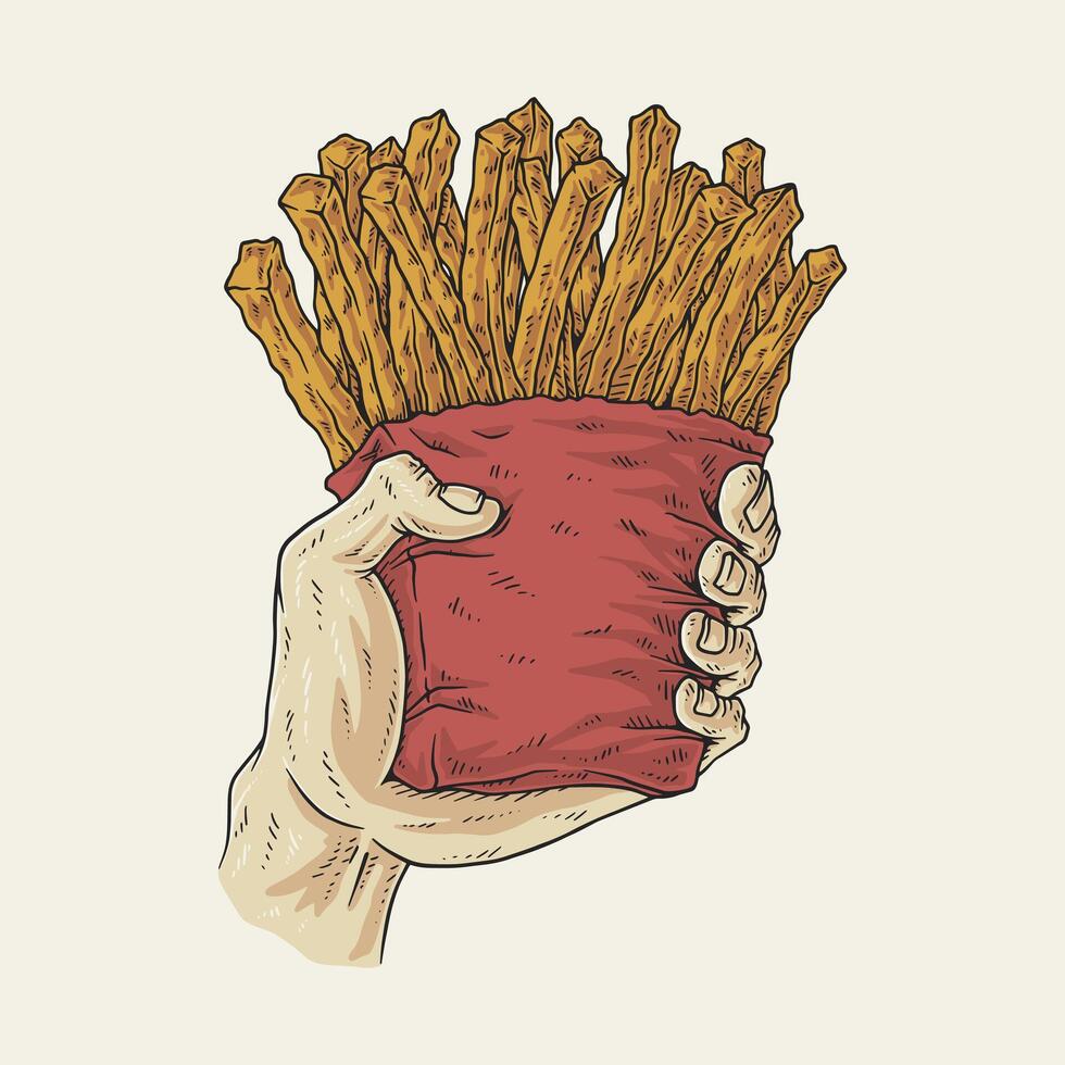 hand holding a pack of french fries retro cartoon illustration vector