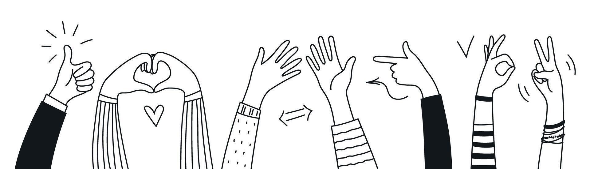 Doodle hands drawn up. Hand gesture, ok, class, hello, clap, love, victory, pointing. illustration vector