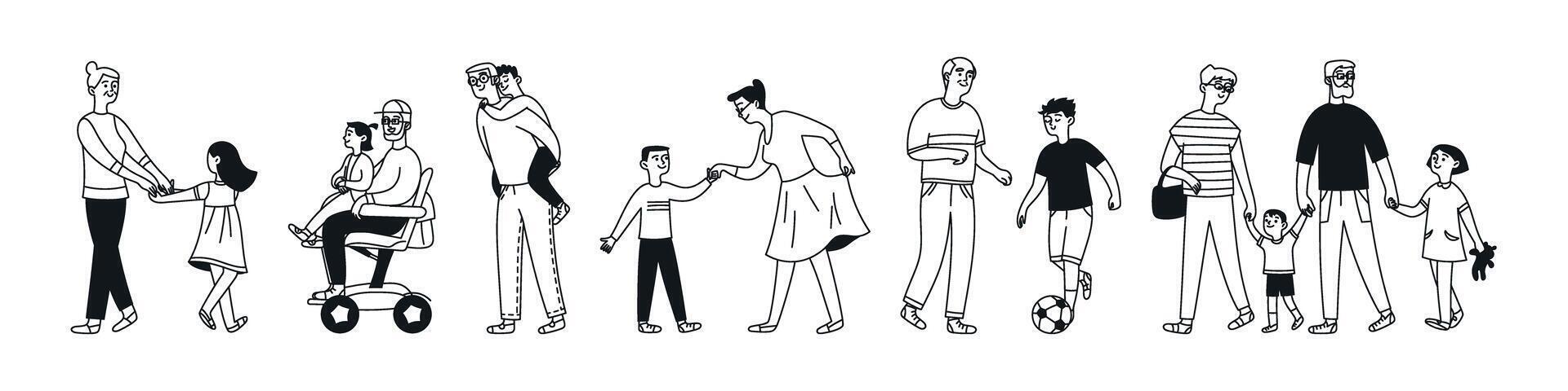 Set of Grandparents and grandchildren. Generation. Active games and communication. Isolated doodle illustration vector