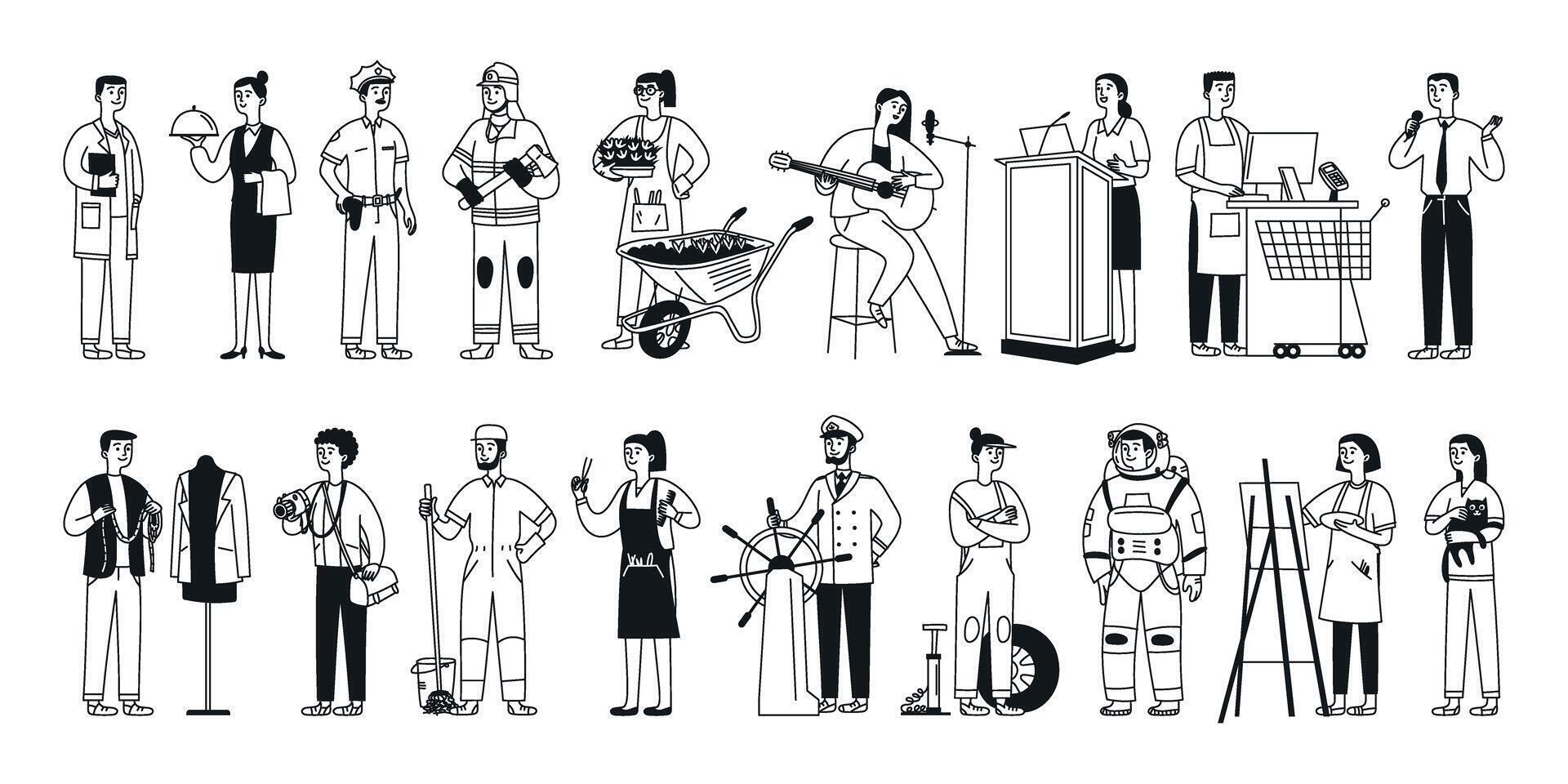Professions, occupations and jobs set. Teacher, doctor, fireman, policeman and waiter. Various working characters in different uniforms. Doodle illustration, isolated vector