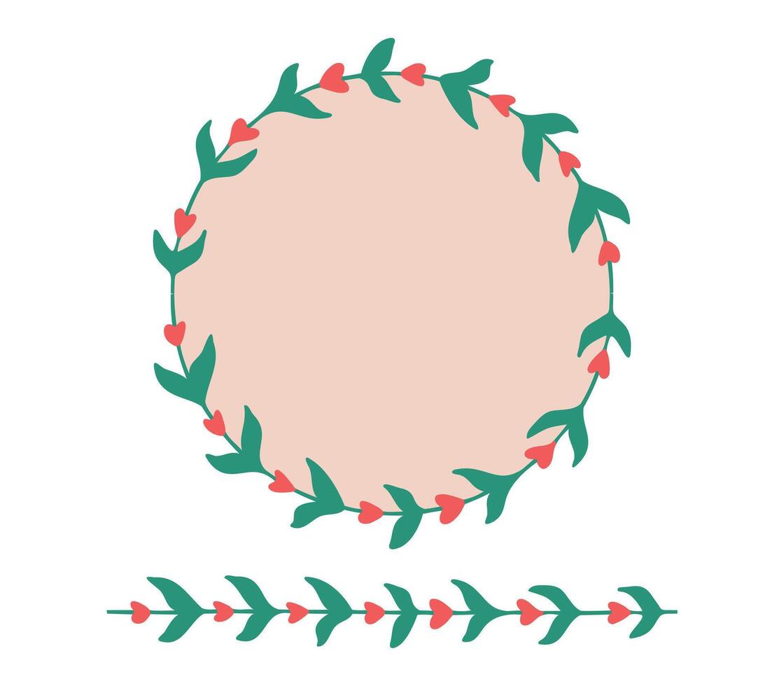 Doodle Wreath with Hearts, green Leaves in pink circle. Seamless minimalistic Brush, Children botanical Frame. Valentine Day decor, cards, wedding invitations or romantic design. illustration vector