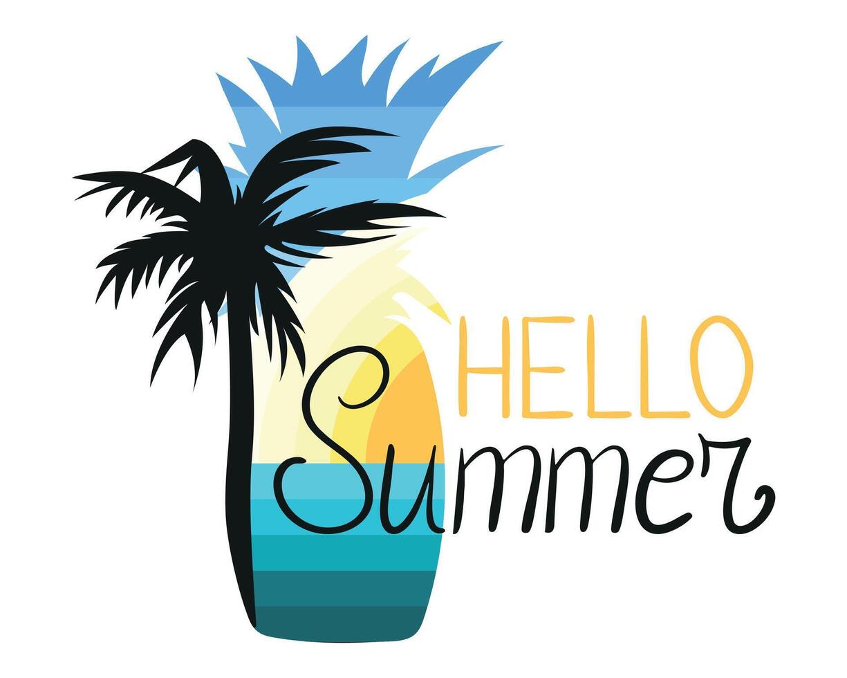 Pineapple Silhouette with Palm and text Hello Summer. Sunset of blue yellow stripes in tropical Fruit with black Tree crown. Handwritten Lettering for seasonal cards. Retro. illustration. vector