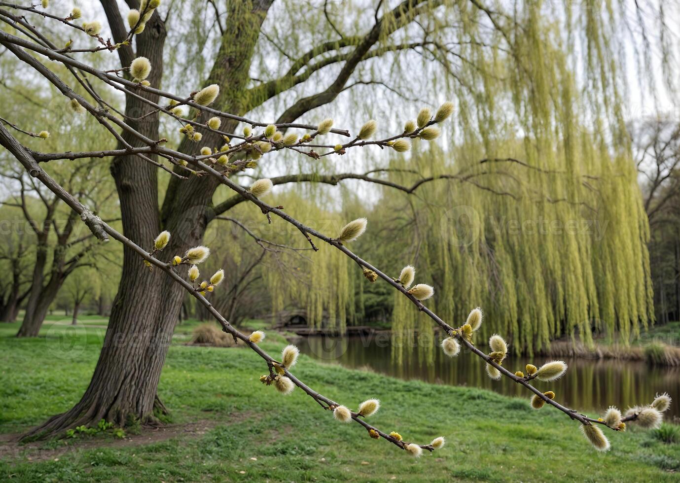 Delicate buds blooming on willow branches symbolize the arrival of spring and the rebirth of nature. photo