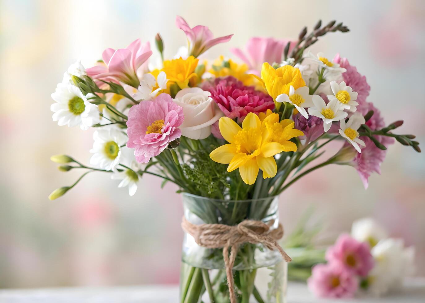 A delicate bouquet of the first spring flowers tulips, snowdrops, crocuses and daffodils. photo