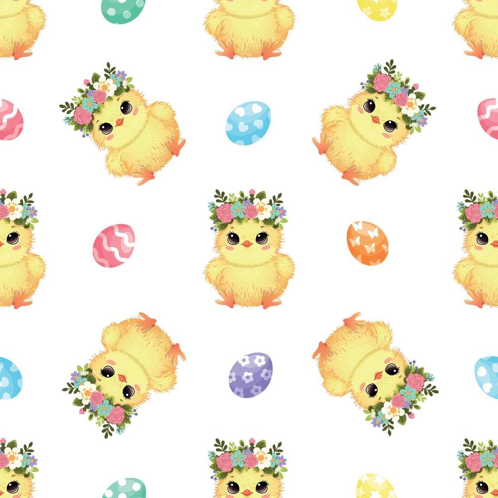 Cute Easter chick seamless pattern with floral crowns and colorful eggs, perfect for spring designs vector