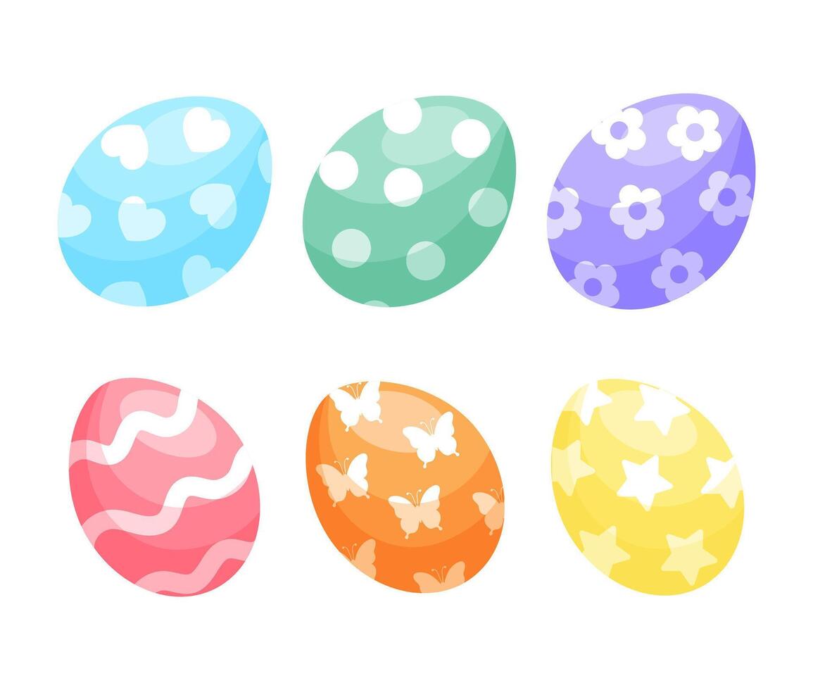 Vibrant Easter egg set with patterns like hearts, stars, and butterflies, great for holiday decor vector