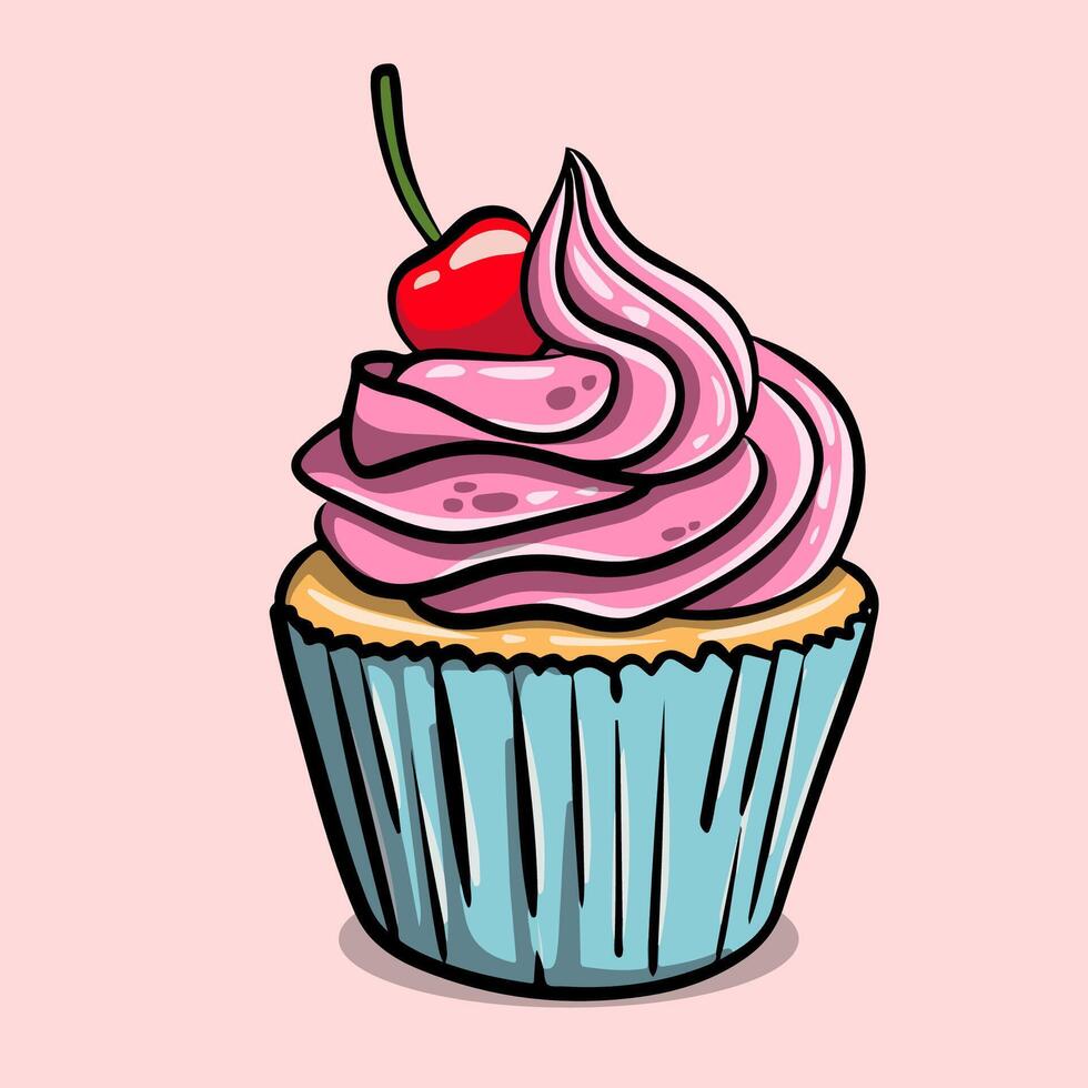 Delicious cupcakes with strawberry cream topping and red cherries vector