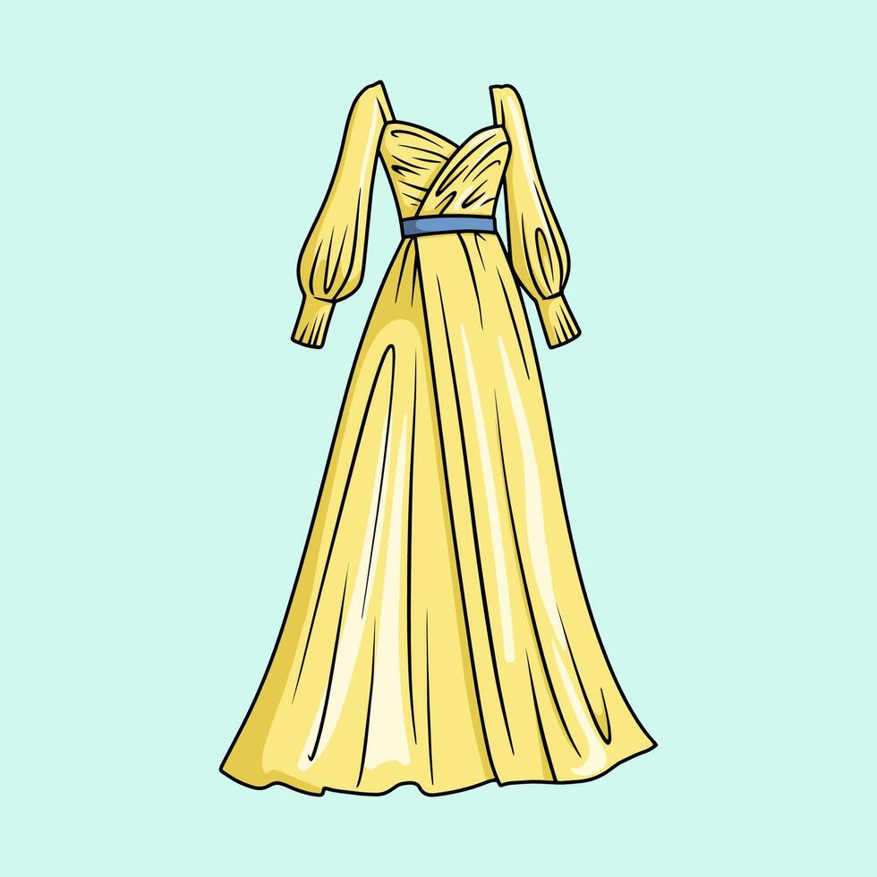 Elegant yellow gown with long sleeves and blue belt vector
