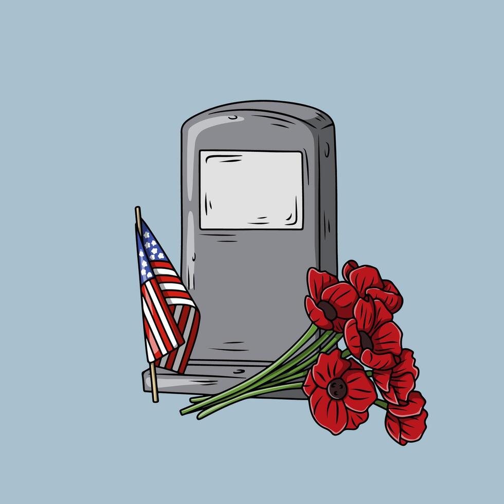 Memorial day with Tombstone, American Flag, and Poppies vector