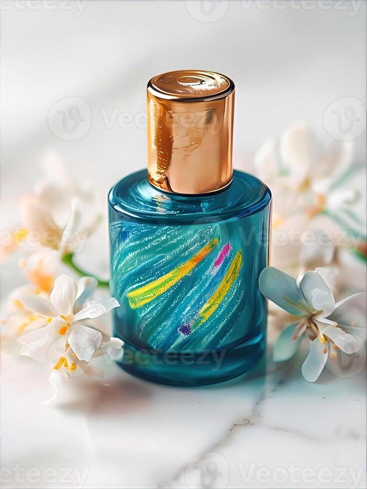 Teal Perfume Bottle with Pastel Swirls photo