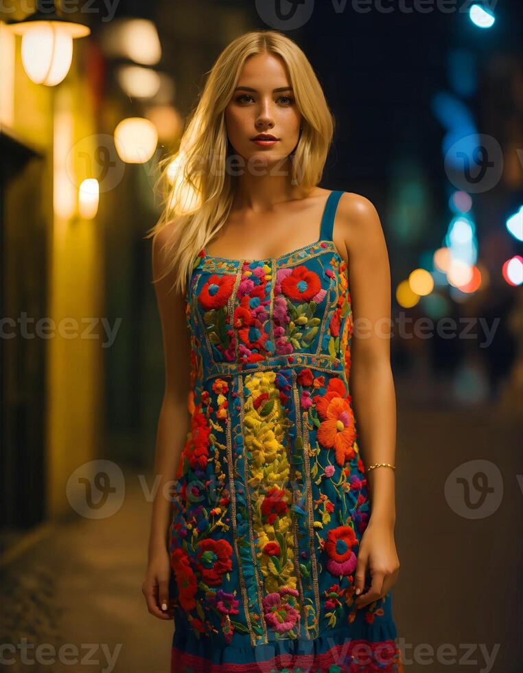 Embroidered Teal Midi Dress photo