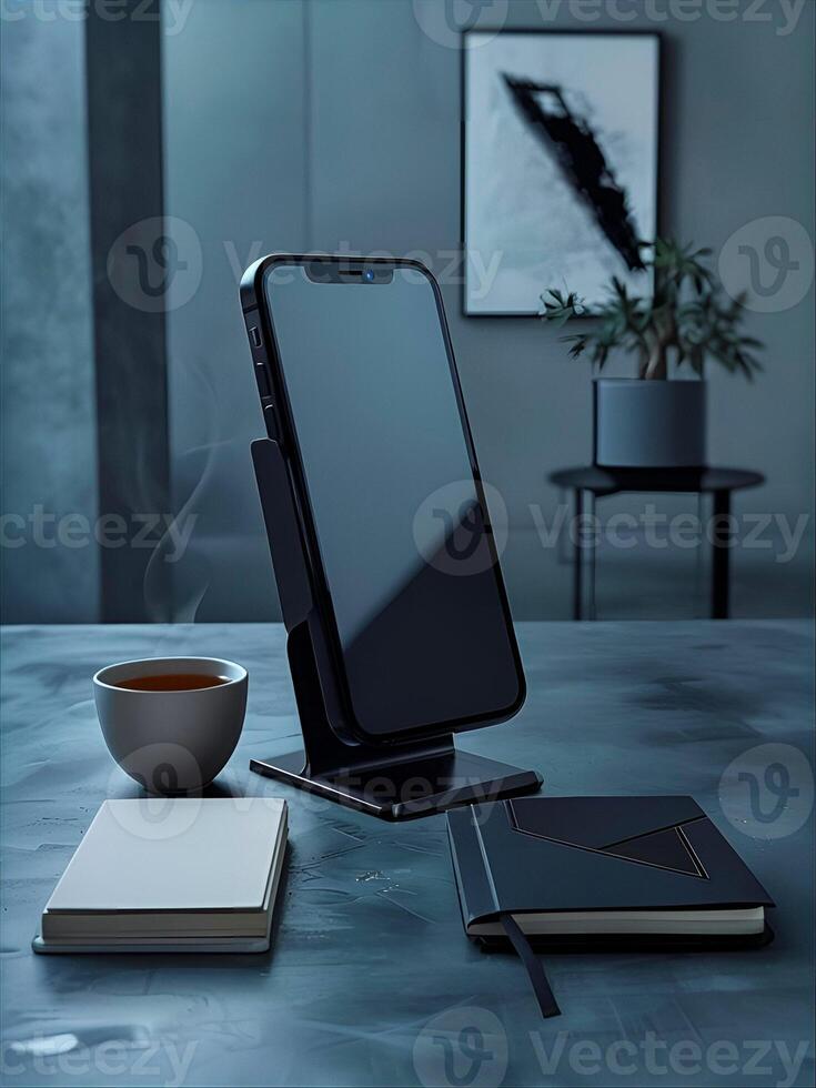 Minimalist Modern Desk Setup with Smartphone and Elegant Decor photo