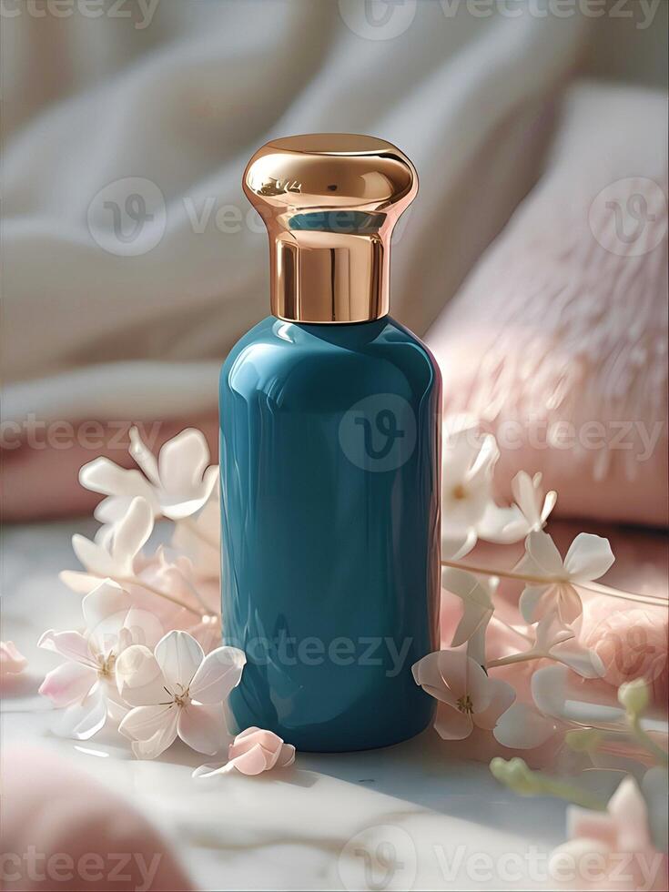 Teal Perfume Bottle with Gold Cap on Marble with White Flowers photo