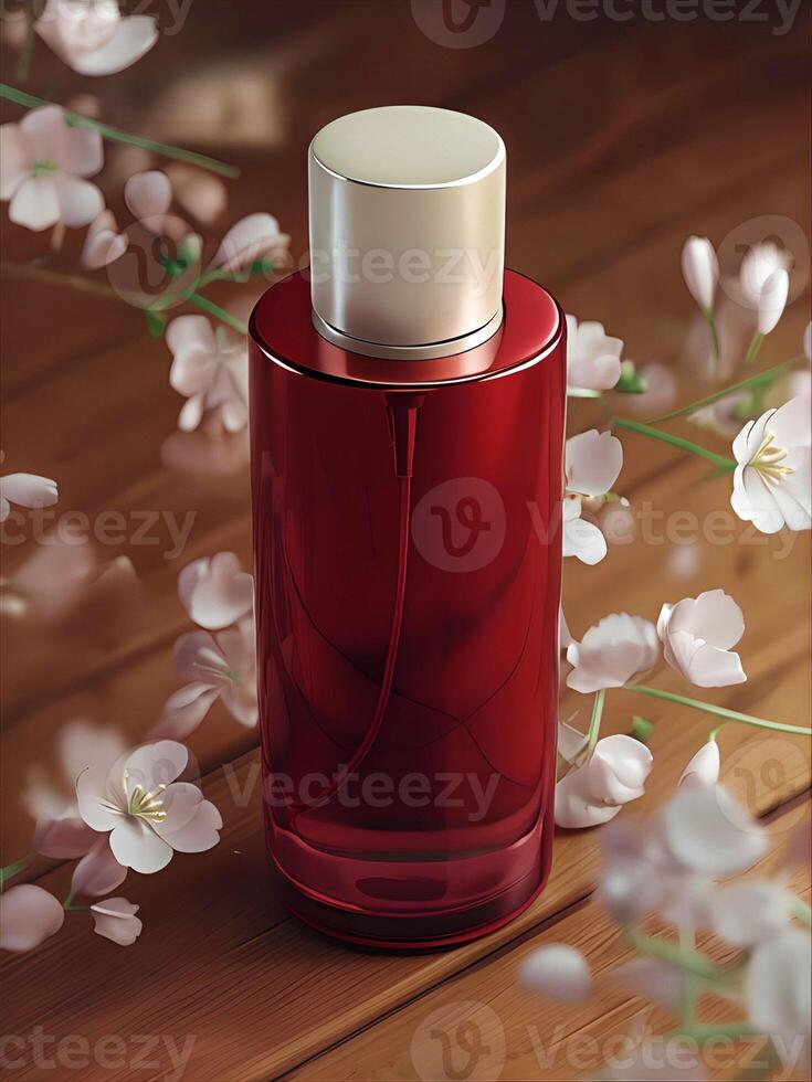 Burgundy Perfume Bottle with Cherry Blossoms photo