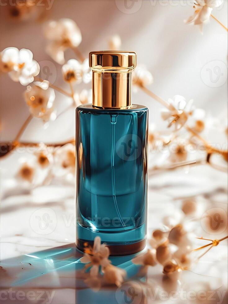 Elegant Teal Perfume Bottle with Floral Accents photo