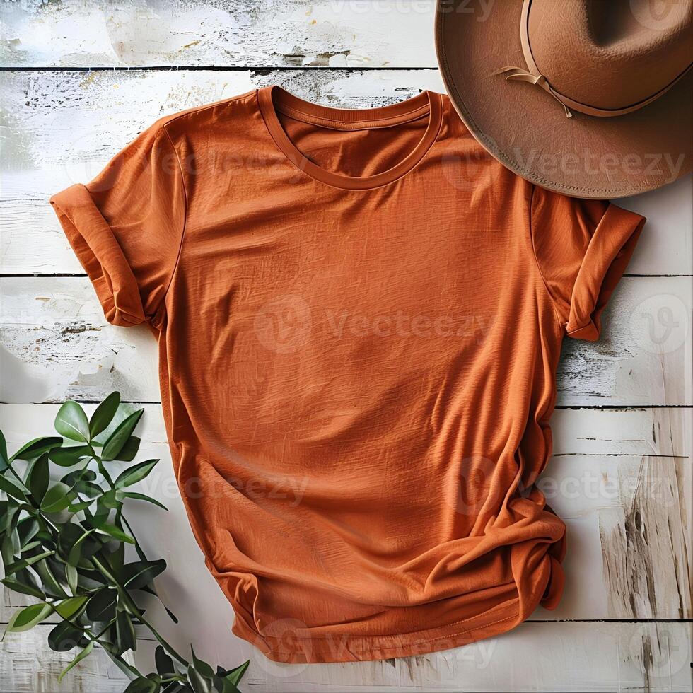 Burnt Orange T-Shirt Flat Lay with Cowboy Hat and Plant photo