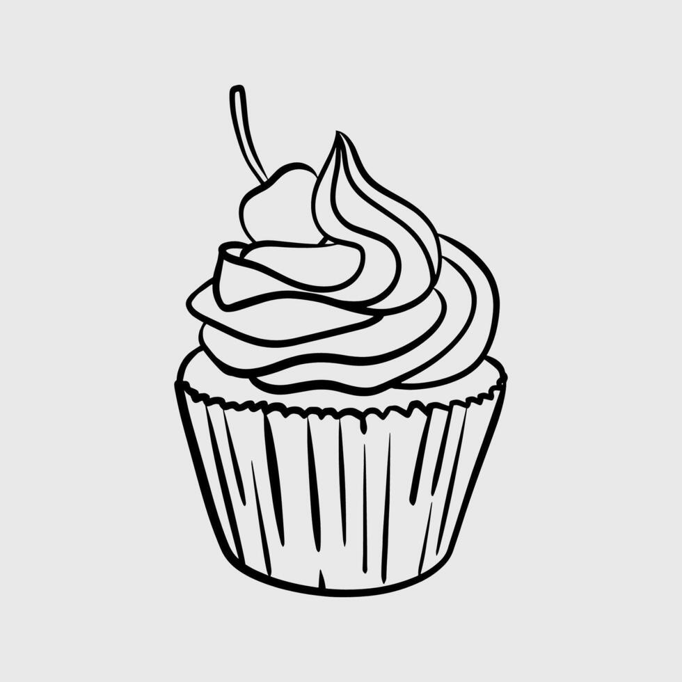 Cupcake with cherry on top. Thin line illustration. vector