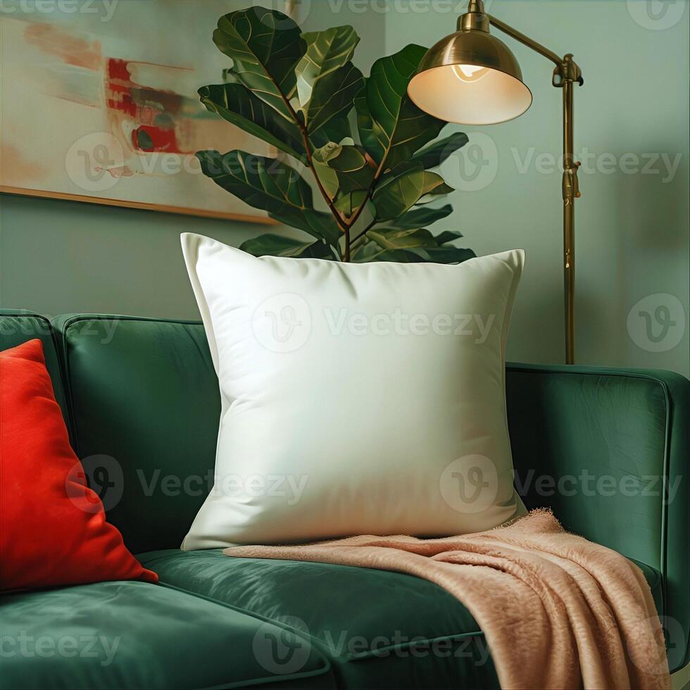 Emerald Green Velvet Sofa with Cozy Pillows and Warm Lighting photo