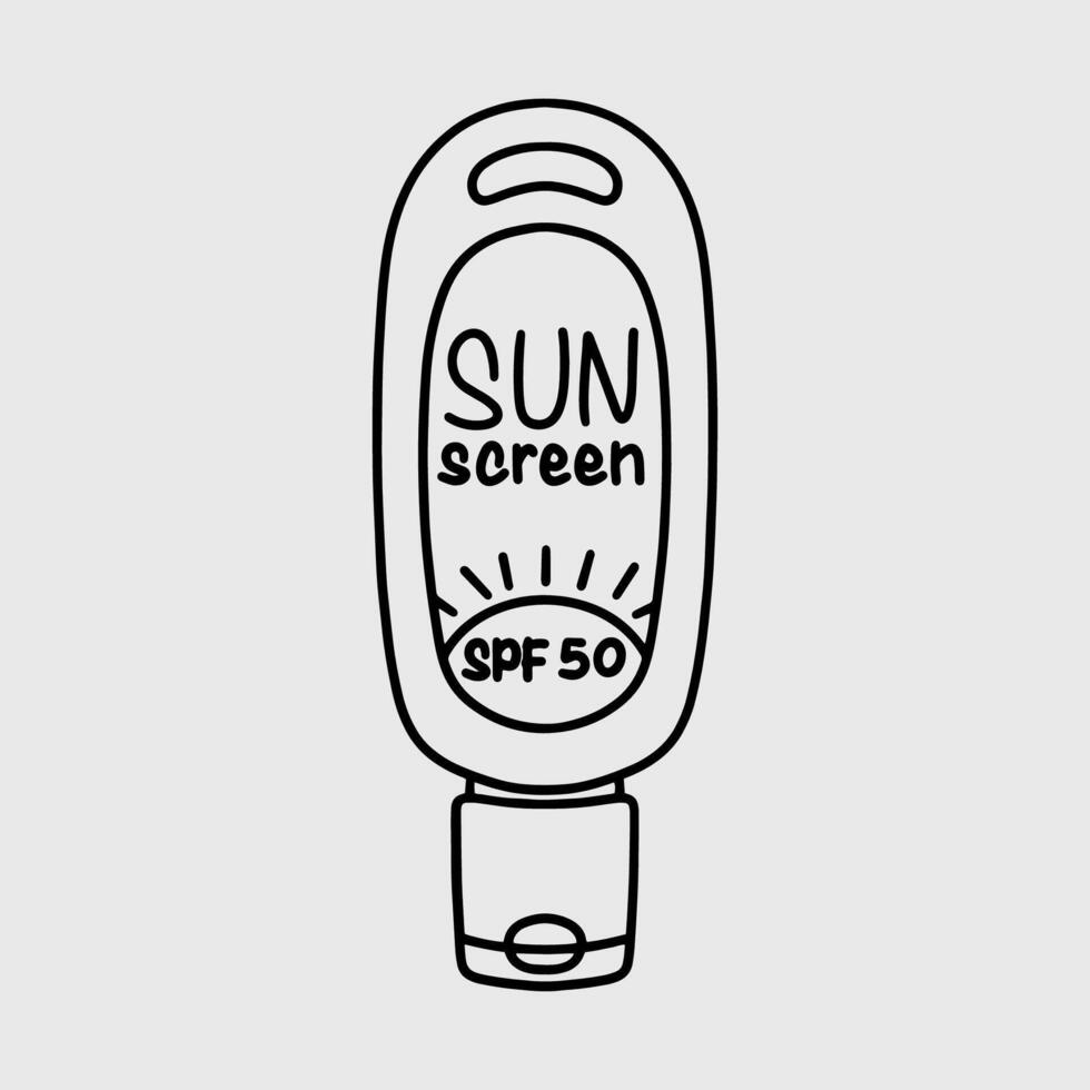 Sunscreen bottle with SPF 50. Thin line illustration. vector