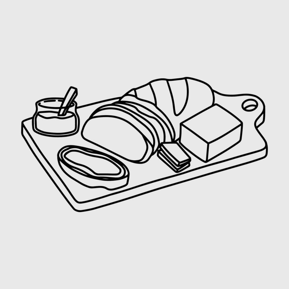 Breakfast spread with bread, butter, and jam on a cutting board. Thin line illustration. vector