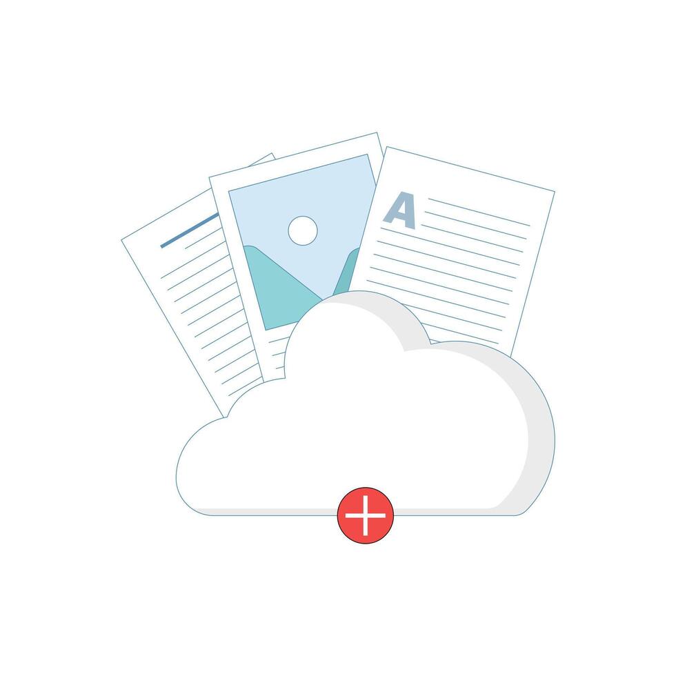 Attachment File Concept. Cloud Storage with Documents. Documents, files, information. data and file information on cloud computing technology network storage space. Flat Design Illustration. vector