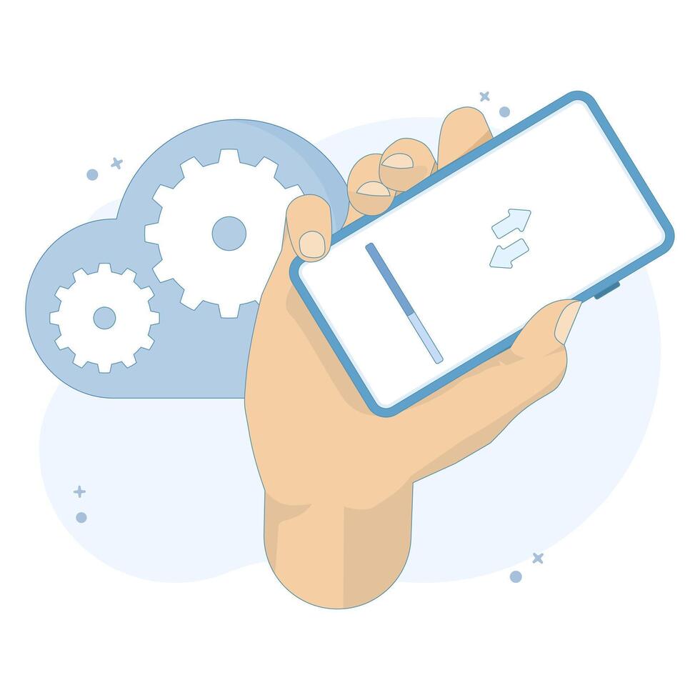 cloud computing concept, data transfer, software update and mobile device setup. cloud with smartphone hardware and screen. restoring or syncing apps on new device. cartoon design illustration. vector