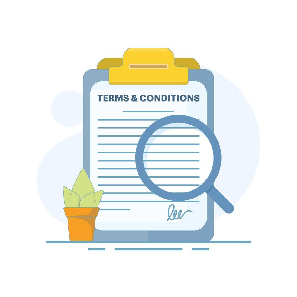 Terms and Conditions Concept. Document with Magnifying Glass. Research on terms and conditions. Business documents for legal compliance, agreements and contracts. Flat Design Illustration. vector
