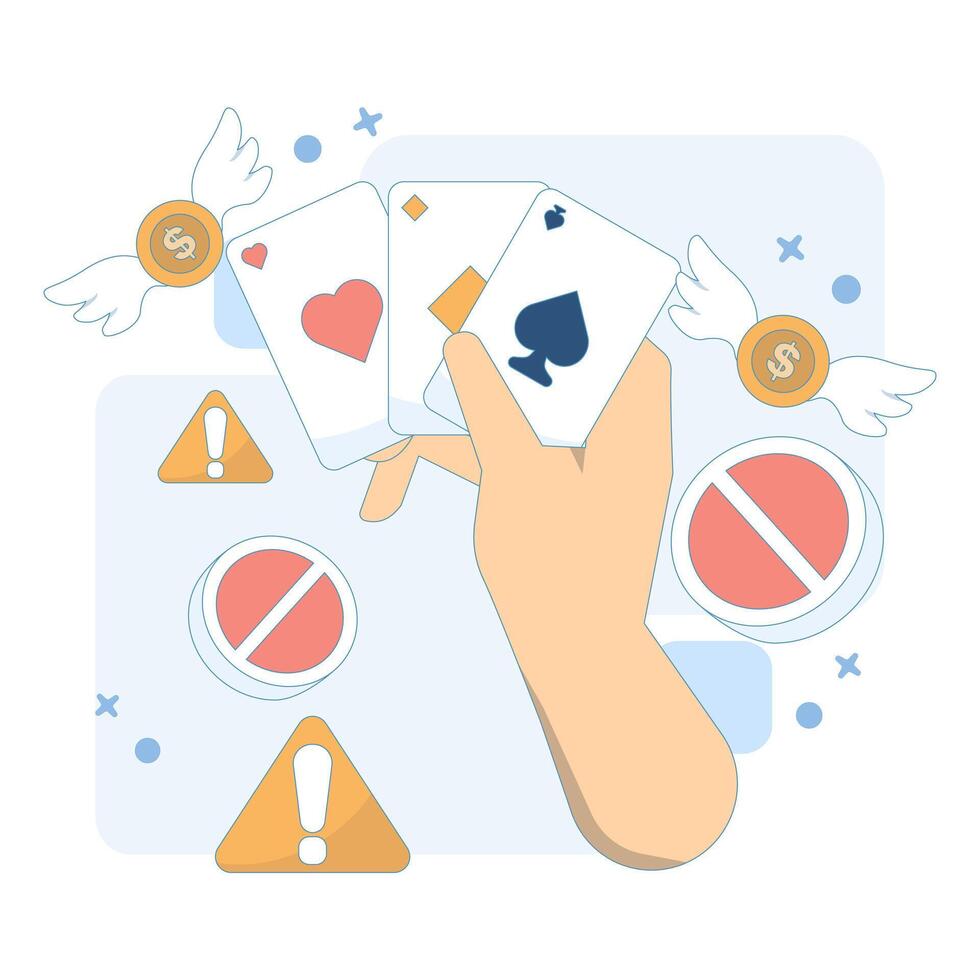 concept be careful with online gambling. order to stop gambling. warning and notification prohibition. risk and danger. gambling prohibition card. flat design illustration. vector