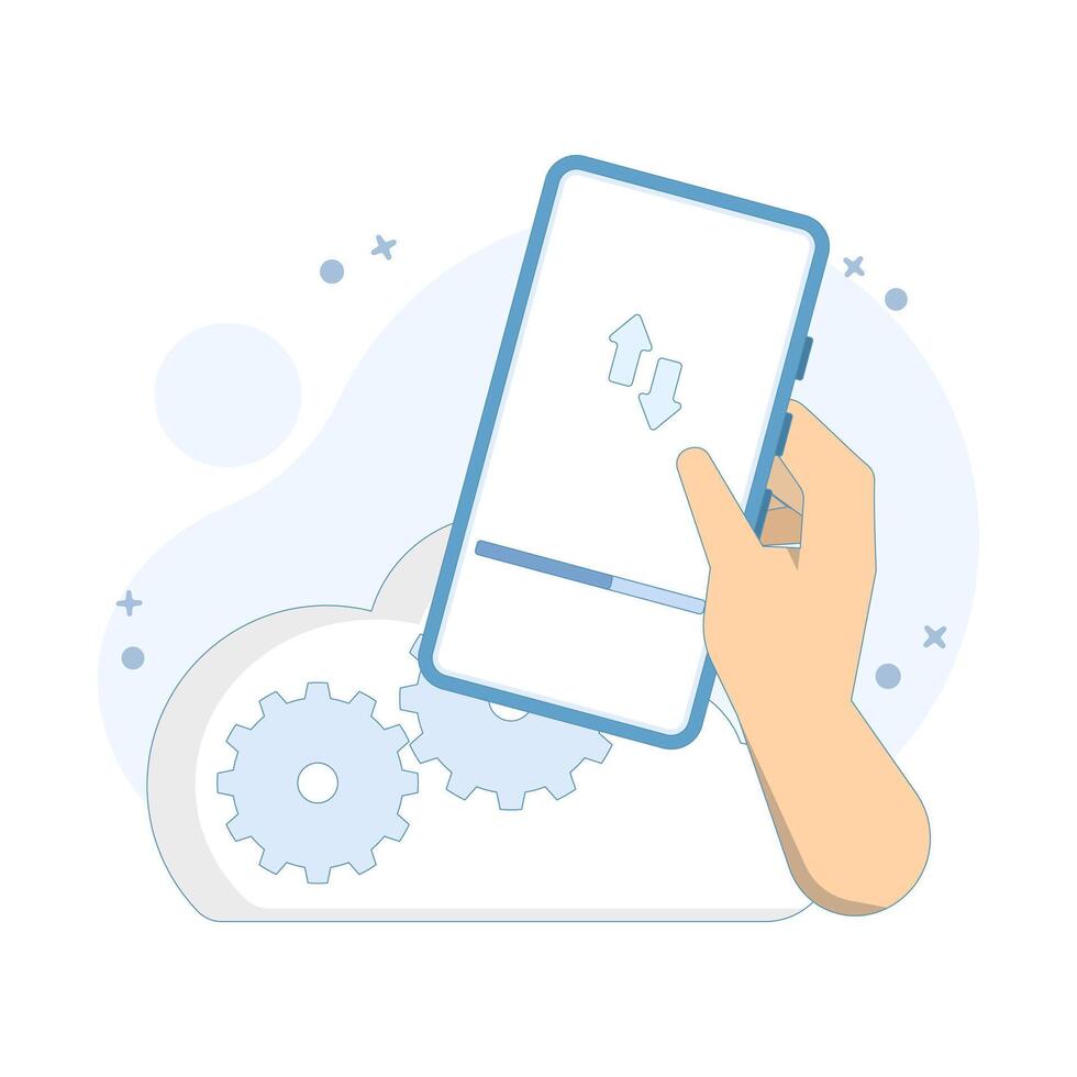 cloud computing concept, data transfer, software update and mobile device setup. cloud with smartphone hardware and screen. restoring or syncing apps on new device. design illustration. vector