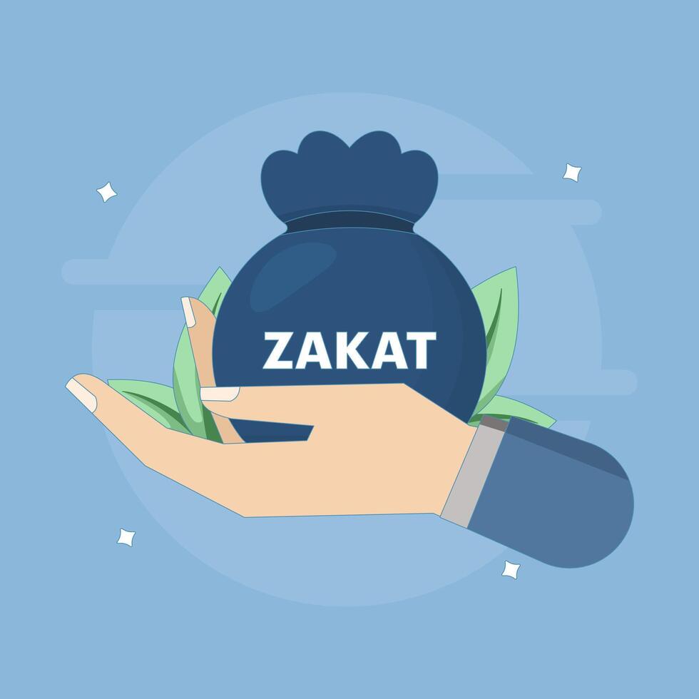 concept of paying zakat, giving aid or alms. getting money. donating funds. hand holding a bag of money and coins. flat style design illustration with grain texture. vector