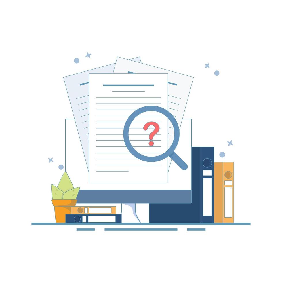 Evidence Analysis Concept. Document with Magnifying Glass. Legal document examination. Office document. Document review. Document file evidence examination analysis. Flat Design Illustration. vector