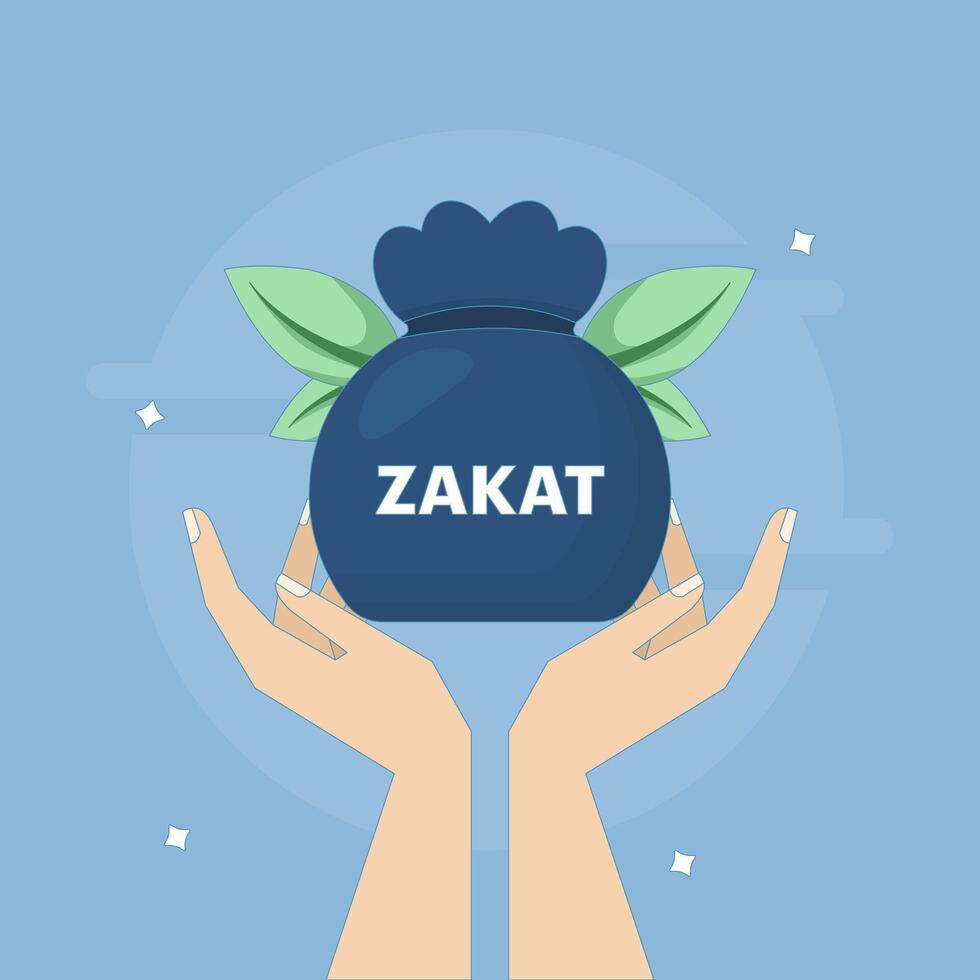 concept of paying zakat, giving aid or charity. getting money. donation funds. hand holding a bag of money and coins. flat style design illustration with grain texture. element vector