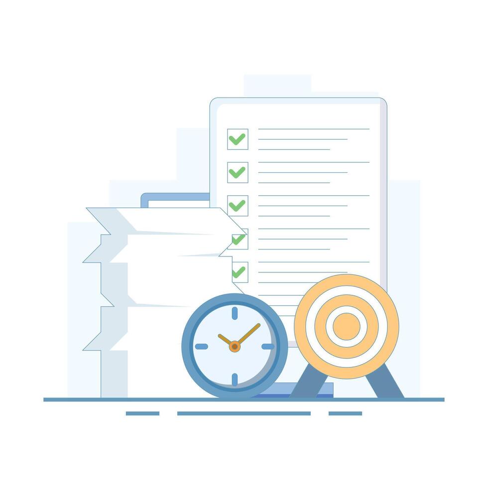concept of time management, targets and work tasks. managing time to be able to complete work on time. illustration of stack of assignment papers, clock, and dart board. flat design illustration vector