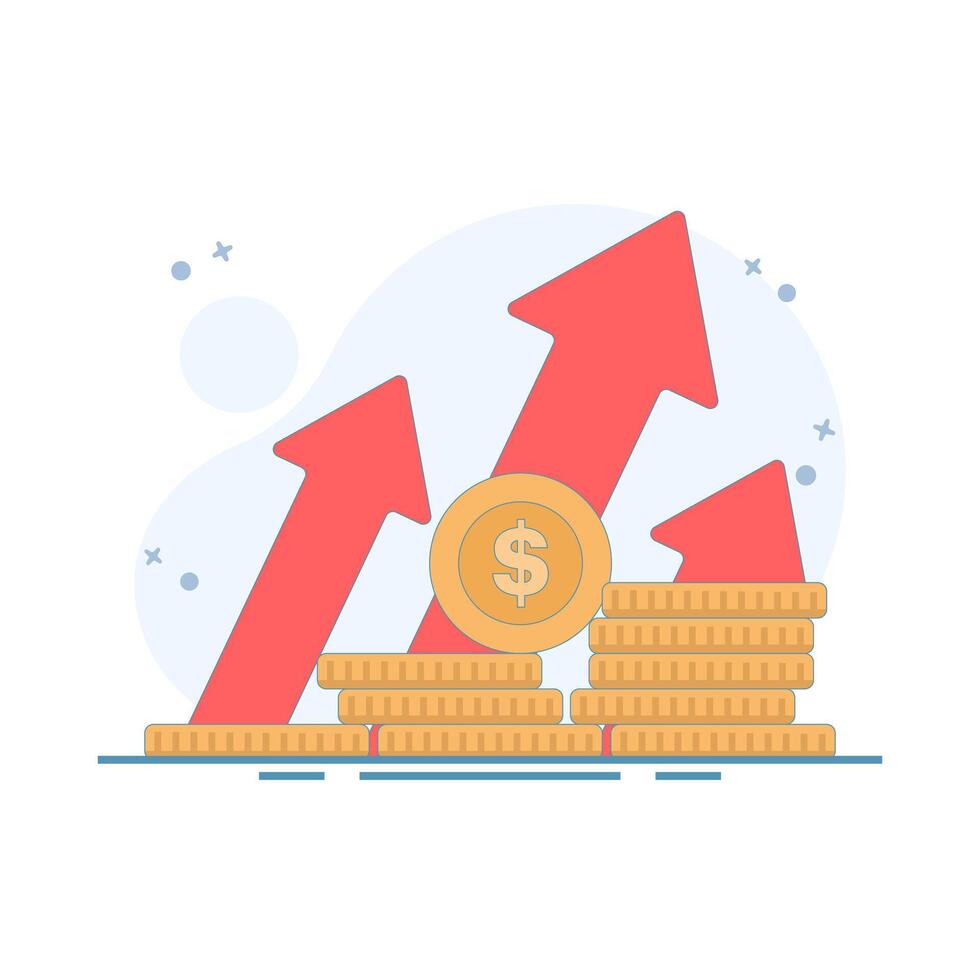 concept of increasing income or profit, money growth, stack of flat cartoon gold coins with income chart, financial growth chart, successful capital investment, cash budget. Design illustration. vector