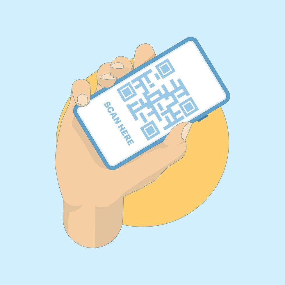 QR Code Scanning Concept Here. Hold the Phone with the QR Code. Scan the QR code now. The smart phone and the quick response code inside it are ready to be scanned. Flat Design Illustration. vector