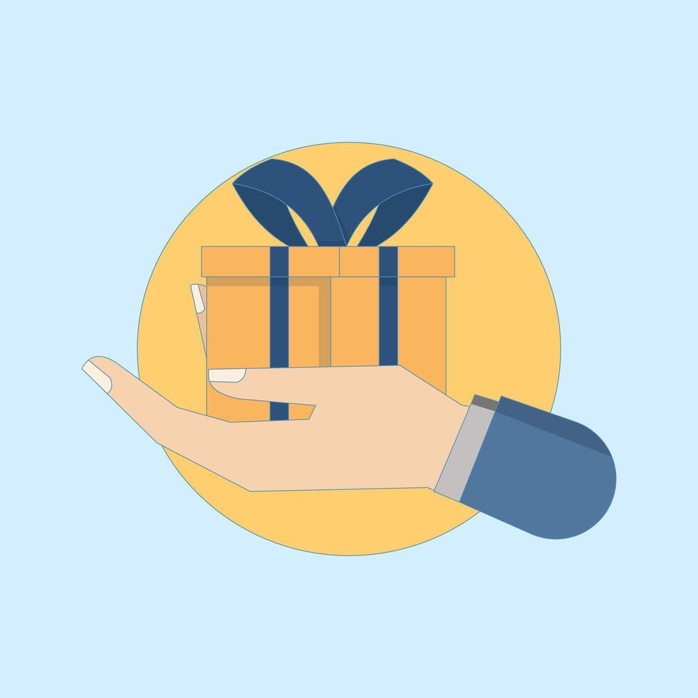Free Gift Concept. Hand Holding Gift Box. Giving or handing a gift. Hand with gift box. Symbol or icon. element. Flat Design Illustration on background. vector