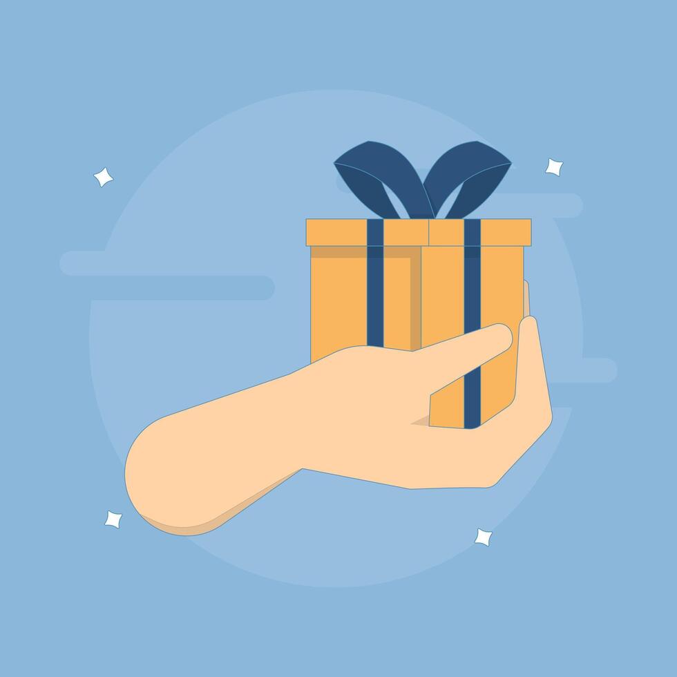 Free Gift Concept. Hand Holding Gift Box. Giving or handing a gift. Hand with gift box. Symbol or icon. element. Illustration Flat cartoon design on background. vector