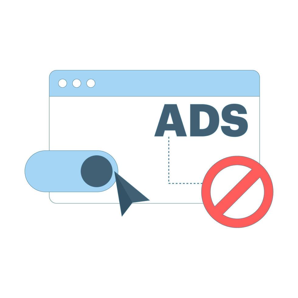 Concept Ad blocking technology for safe browsing, preventing pop-ups and unwanted ads. Online privacy protection with ad filter and anti-tracking tools. Digital security with ad blocking. flat design. vector