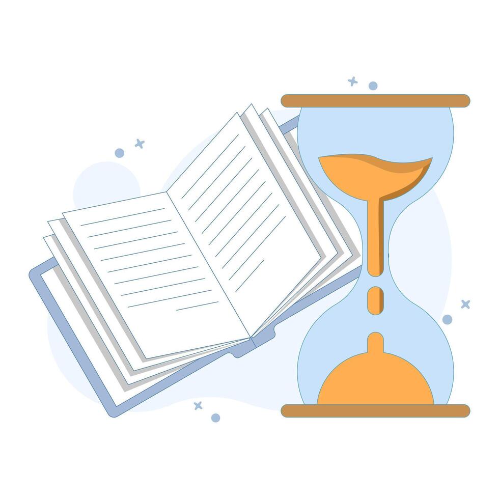 Time management concept. Hourglass with open book. Reading time and patience. Perfect for education, literacy campaigns, time management and book related content. Minimalist flat illustration. vector
