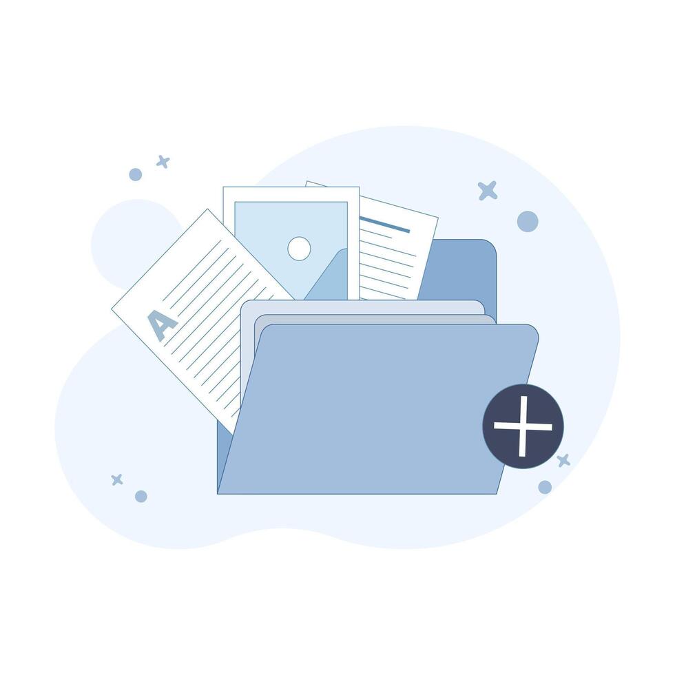 Attachment File Concept. folder with Documents. Storage, Folder, Document Storage, Data Archive. Documents in folder. Flat cartoon illustration on background. vector