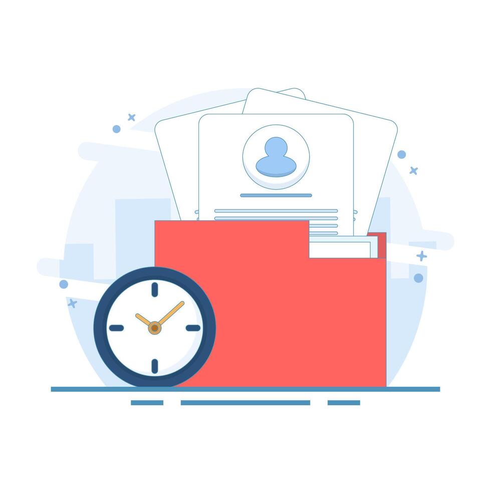 Data Storage Concept. Folder with Documents and Clock. File and Folder Arrangement. file data. Illustration Minimalist flat cartoon design on background. vector