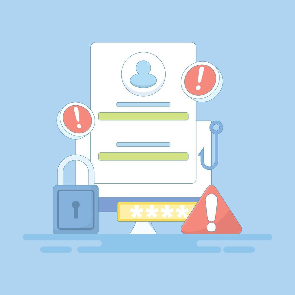 phishing web concept. suspicious login page warning notification. beware of phishing websites. security and prevention. monitor with login page, hook and lock. flat design illustration. vector